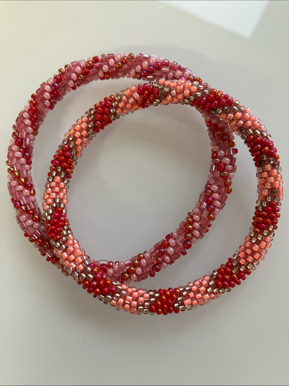 Handmade Pink and Red Seed Bead Bracelets - Set of 2